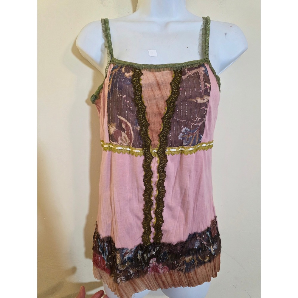 Y2k Young Essence Fairycore Boho Lace Trim Patchwork Camisole Tank Top Pink Med
